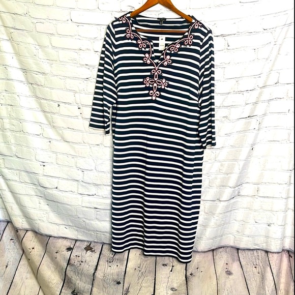 Talbots Dresses & Skirts - Talbots Woman’s Navy Striped Embellished V-Neck Long Sleeve Dress Size 2X New